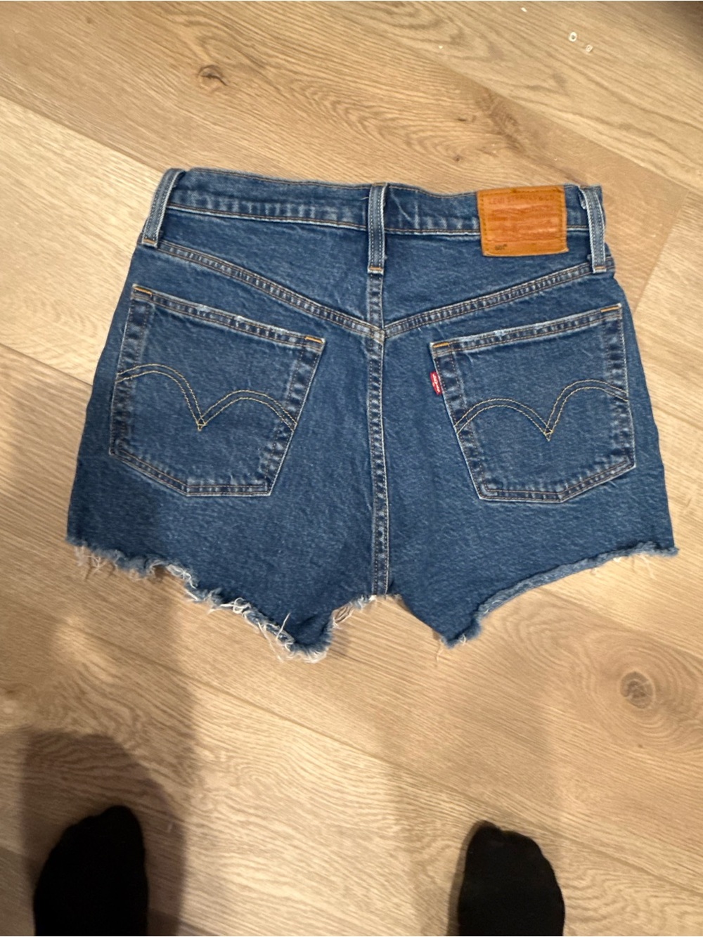 Levi's Dark Blue High-Rise Frayed Denim Shorts - Picture 2 of 4